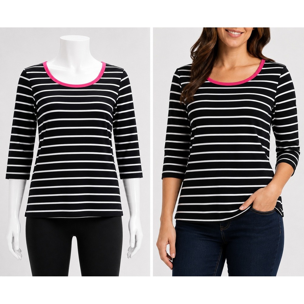Denim & Company Striped Top Women Medium Black White 3/4 Sleeve Pink Neck Trim